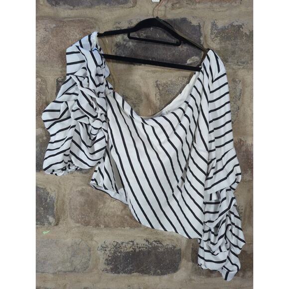 Do + Be Top Woman's Large White Black Striped Ruffle Sleeve One Shoulder - Picture 1 of 10